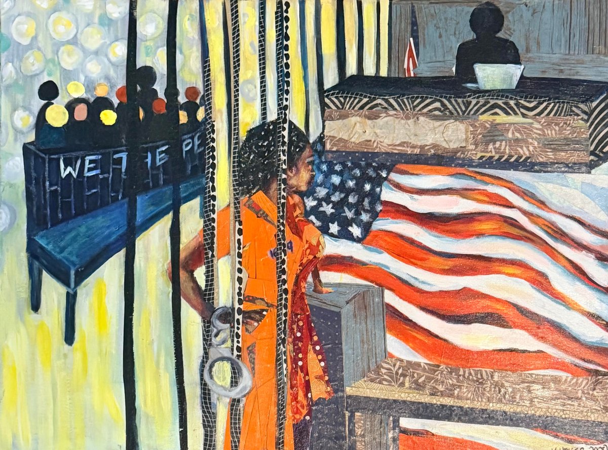 A commissioned collage painting of a courtroom: a woman in an orange jumpsuit behind bars, an American flag, and the jury box.
